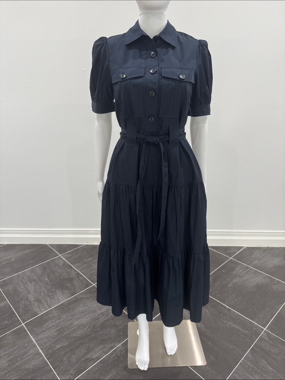 Derek Lam Navy Button-Front Tiered Maxi Dress with Tie Waist